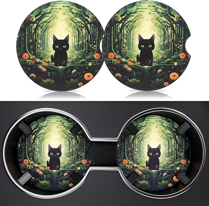 2 Pack Car Cup Holder Coaster, 2.63 inch Anti Slip Insert Absorbent Ceramic Car Coaster with Cork Base and Finger Notch, Cute Car Accessories Interior for Women, Cute Car Coasters., CH0025