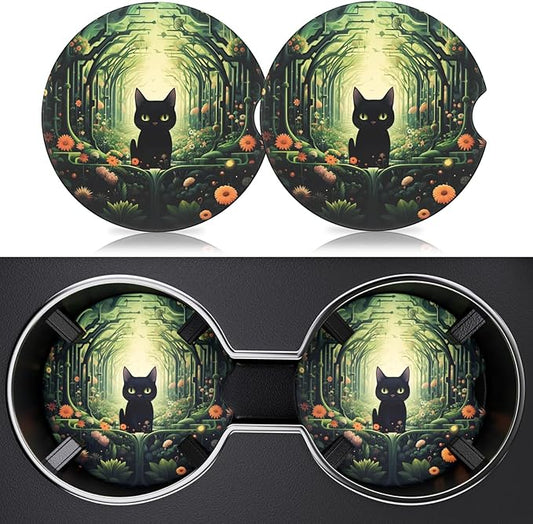 2 Pack Car Cup Holder Coaster, 2.63 inch Anti Slip Insert Absorbent Ceramic Car Coaster with Cork Base and Finger Notch, Cute Car Accessories Interior for Women, Cute Car Coasters., CH0025