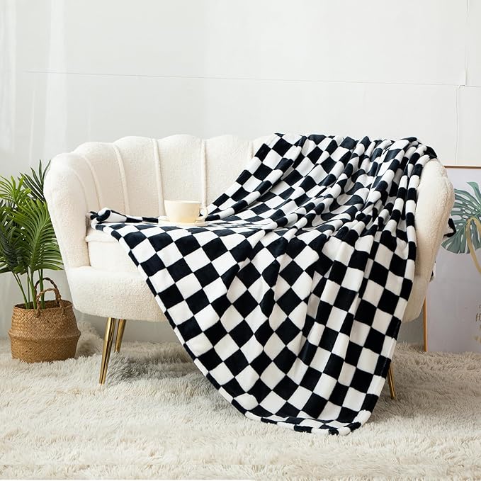 Checkered Blanket | Ultra Soft Warm Fleece Blanket Checkerboard Grid Plush Blanket for Couch Bed Sofa | Birthday Valentine's Day 40"x60" Black White