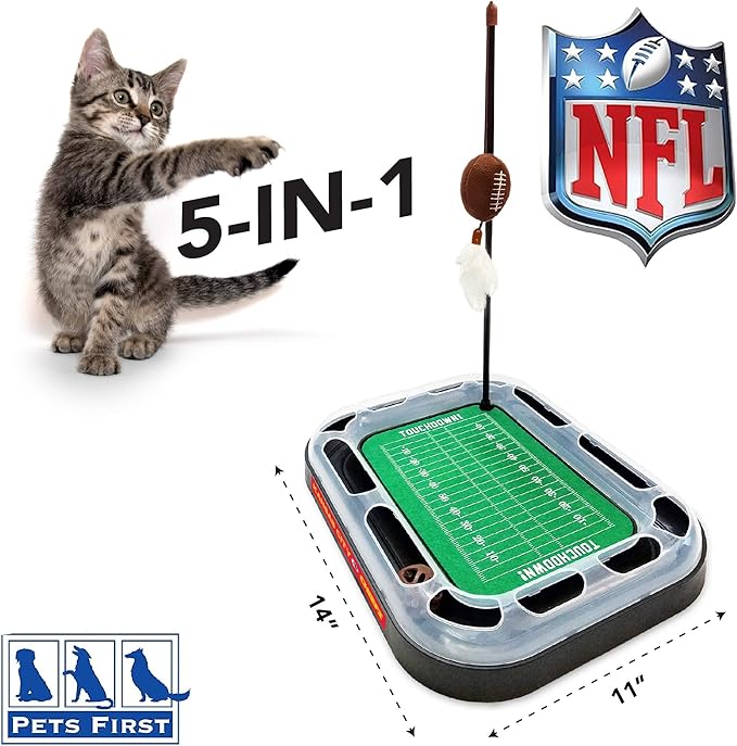 Cat Plush Toy NFL KANSAS CITY CHIEFS FOOTBALL FIELD CAT SCRATCHER TOY with CATNIP Filled Plush FOOTBALL Toy & Feather Cat Toy hanging, with Jingle Bell INTERACTIVE BALL Cat Chasing 5-in-1 KITTY Toy