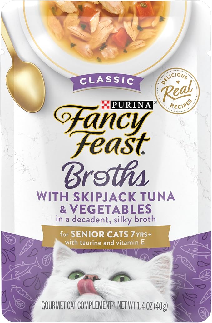Purina Fancy Feast Lickable Senior Wet Cat Food Broth Topper Classic with Skipjack Tuna and Vegetables - (Pack of 16) 1.4 Oz. Pouches