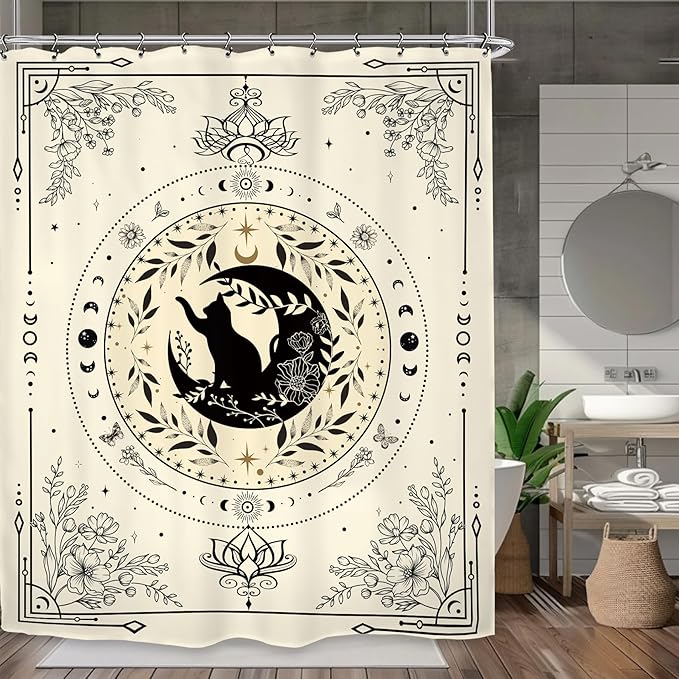 Black Cat Shower Curtain 60Wx72L Inch Gothic Moon Phase Flower Witchy Stars Mystic Celestial Beige Tarot Bathroom Set Accessories Decor with 12 Pack Hooks
