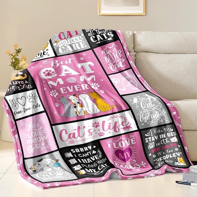 Cat Mom Blanket Gifts for Women Girls Soft Flannel Cat Throw Blanket Best Cats Mom Ever Blankets Gifts for Birthday Home Decor Adults 80"x60"
