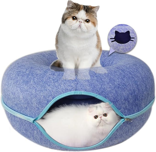 Donut Cat Tunnel Bed Peekaboo Cat Cave for Large Cats Up to 30 Lbs, Kitty Interactive Playing Tent House for Multiple Cats,Detachable,Scratch Resistant (Blue, Large - 24 Inch Diameter)