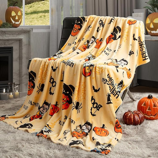 Pumpkin Reversible Fleece Throw Blanket, 50' x 70', Happy Halloween Print, 320 GSM Super Soft Warm Cozy Blanket for Couch Sofa, Orange Home Decor