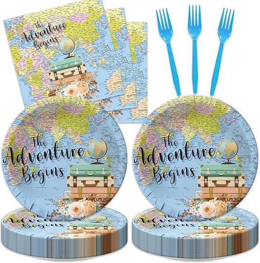 48Pcs Adventure Awaits Party Decorations, Travel Themed Party Decorations Include Disposable Forks Paper Plates and Napkins Supplies for Globe Birthday Baby Shower Graduation Decorations