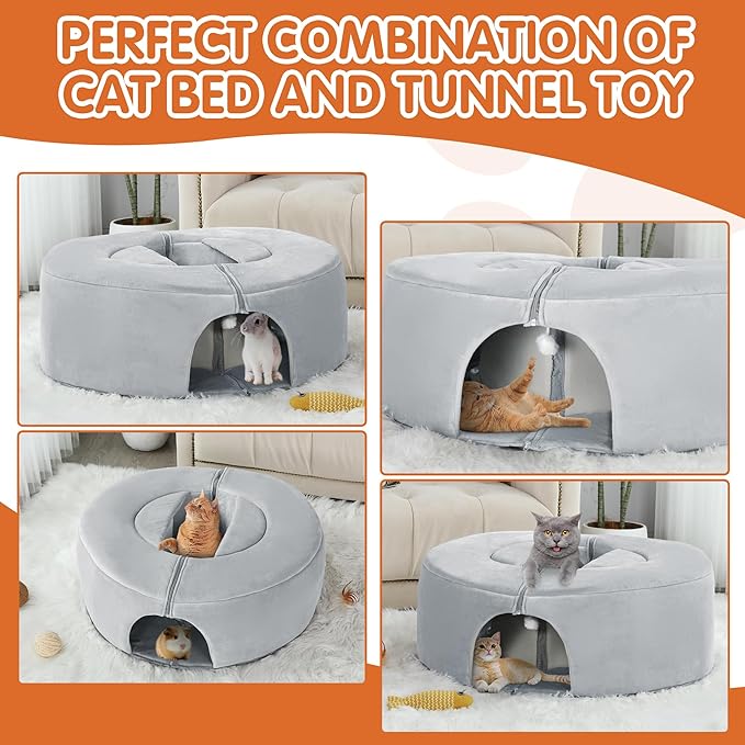 BALAPET Cat Tunnel Bed for Indoor Cat with Cat Scratch Lounge, Tent, and Plush Ball, Scratch Detachable & Washable Tunnel Bed 2-in-1 Cat Toys Collapsible Tunnel for Cats Dog Ferret Rabbits