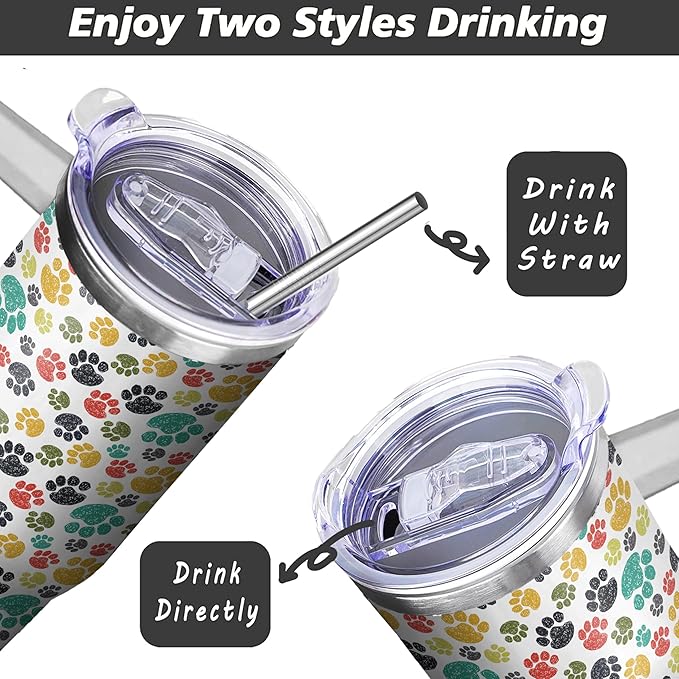 40 Oz Paw Print Tumbler With Handle and Straw, Double Wall Stainless Steel Cup, Insulated Coffee Mug for Cat Mom or Dad, Leak Proof Insulated Mug for Women Gifts