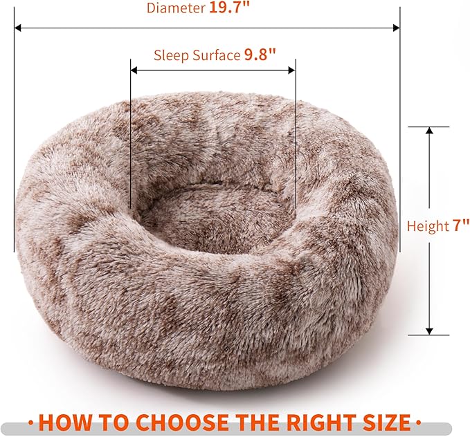 Round Donut Cat and Dog Cushion Bed, Pet Bed for Cats or Small Dogs, Anti-Slip & Water-Resistant Bottom, Super Soft Durable Fabric Pet Beds, Washable Luxury Cat & Dog Bed Brown White 19.7'