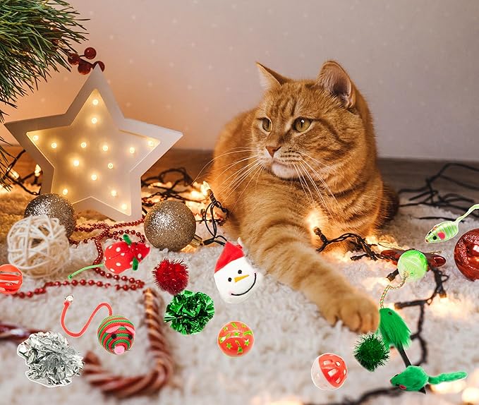 Fashion's Talk Christmas Cat Toys 20 Count Kitten Gift Bag, Holiday Variety Pack for Indoor Cats,Xmas Set Assorted Toys Interactive Play