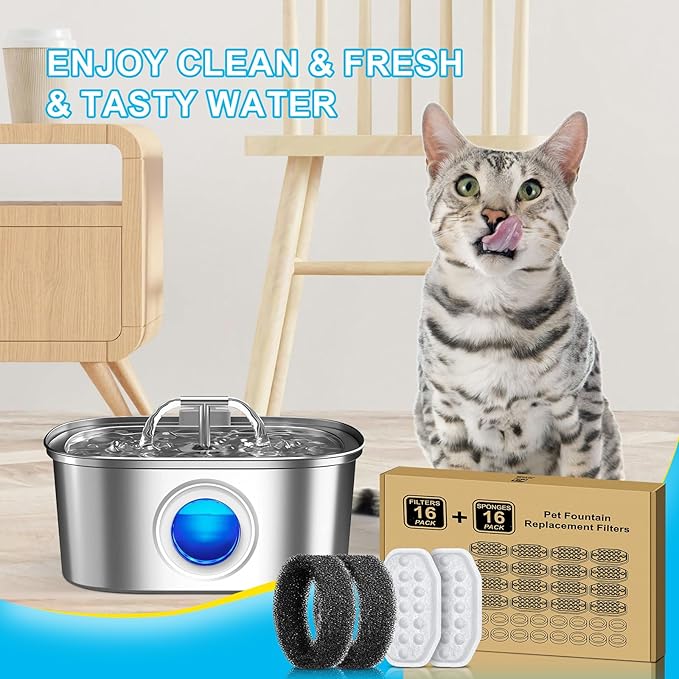 32 Pcs Cat Water Fountain Filters Replacement & Pre-Filter Sponges for 108oz/3.2 Stainless Steel Pet Water Fountain with Water Level Window