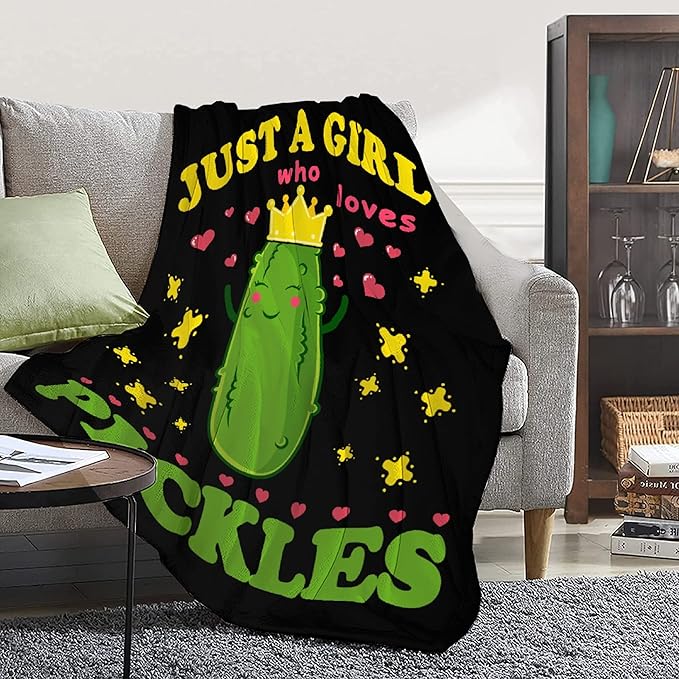 Pickle Blanket Funny Gift for Girl Comfy Plush-Just A Girl Who Loves Pickles Fleece Throws Cute Food Lightweight Sheet Super Soft Toddler Kid Flannel Blankets for Bedding Sofa-60x80 Inches