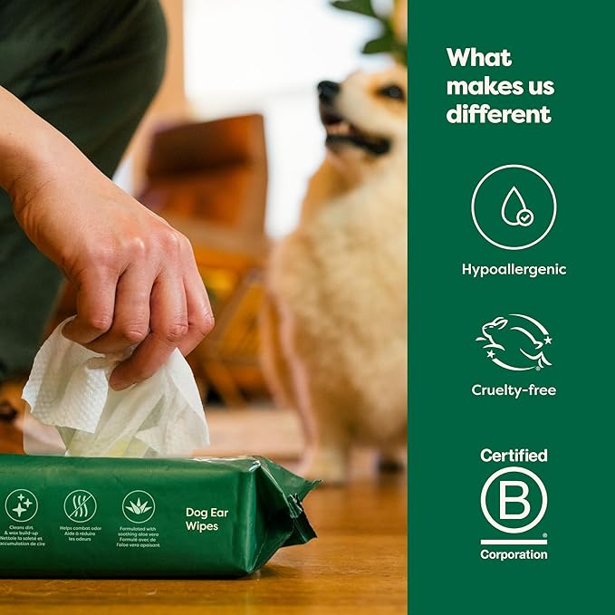 Earth Rated Pet Ear Wipes, Hypoallergenic Cleaner for Dogs & Cats Ears to Remove Dirt and Wax Build Up, Wild Oat Scent, 70 Count