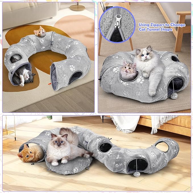 Interactive Cat Toys with Cat Tunnel Bed, Bite Resistant Catnip Toy, Feather Toys, Catnip Balls and Fish, Cat Toys for Indoor Cats, A Birthday Gift for Cats