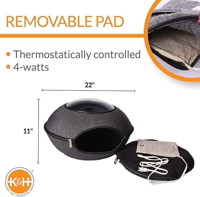 K&H Pet Products Thermo Lookout Pod Indoor Heated Cat Bed for Large Cats, Heated Cat Cave, Thermal Cat Mat Hideaway for Small or Large Cats and Kittens - Classy Gray 22 Inches