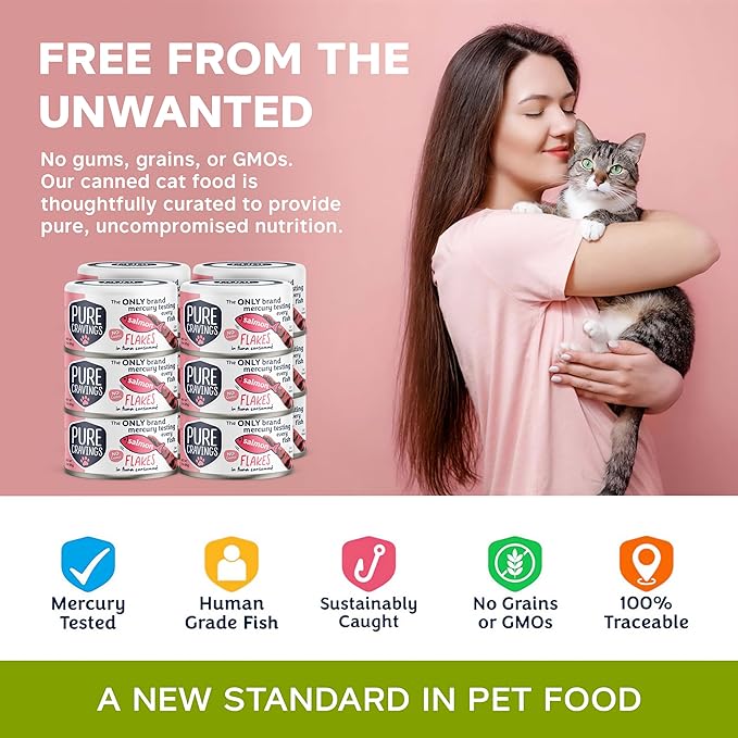 Salmon Flakes in Tuna Consommé, Canned Wet Cat Food Soup, 100% Mercury-Tested, Moist Can Fish, Grain-Free Protein, Non-GMO, 3oz, Pack of 12