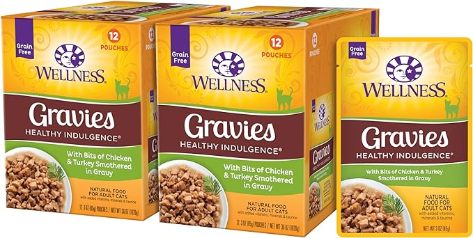 Wellness Healthy Indulgence Gravies Grain-Free Wet Cat Food, Made with Natural Ingredients and Quality Proteins, Complete and Balanced Meal, 3 oz Pouches (Chicken & Turkey in Gravy, 24 Pack)