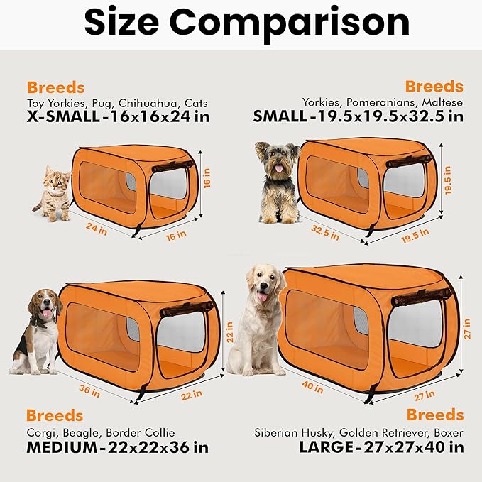 Beatrice Home Fashions Portable, Collapsible, Pop Up Kennel Travel Cat and Dog Crate, 24" L x 16.6" W x 16" H, Orange