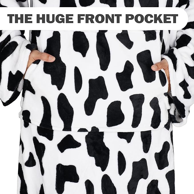 Solaris Travel Wearable Blanket with Sleeves, 2 in 1 Packable Airplane Pillow Blanket for Adult Women Men, Soft Cozy Warm Snuggy Body Blanket for Outdoor Indoor Home Lounge, Cow Print