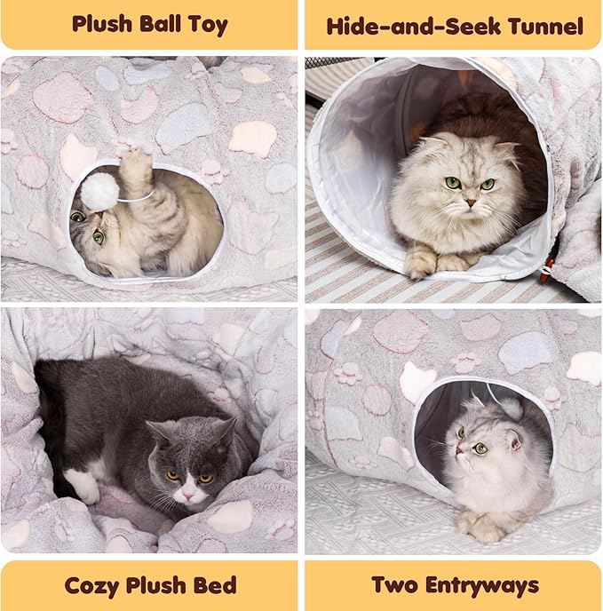 Large Cat Tunnel Bed for Indoor Cats - Soft Plush Peekaboo Cat Cave Donut Tunnel for Small Medium Large Cats, Kittens, Rabbit, Puppy