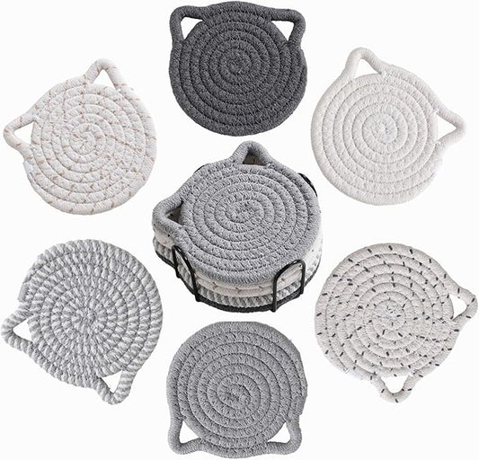 Adorable Cat Decor Drink Coasters: Set of 6 Cotton Coasters for Lovers, Funny and Novelty Office Supplies, Housewarming Gift, Gray