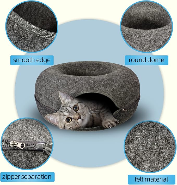 Cat Tunnel Bed, Cat Tunnels for Indoor Cats Large, Peekaboo Cat Cave, Cat Hideaway Folded Cat Donut Tunnel, Detachable Round Felt & Washable Interior Cat House (24 in * 24 in* 11 in Large) Dark Gray