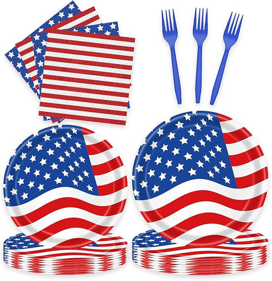 96 Pcs Patriotic Decoration 4th of July Party Plates Napkins Forks Supplies Tableware Set Disposable Paper American Flag Theme Independence Day Favors, Serves 24 Guests