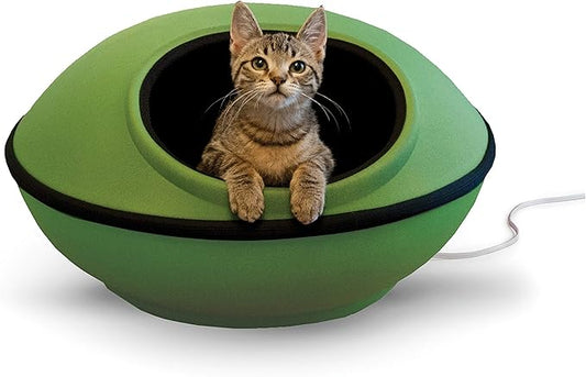 K&H Pet Products Thermo-Kitty Mod Dream Pod Heated Cat Bed for Large Cats, Indoor Heated Cat Cave, Thermal Cat Mat Hideaway for Small or Large Cats and Kittens 22 Inches Green/Black