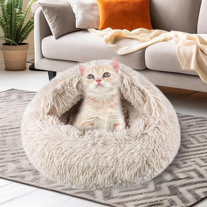Calming Dog Beds & Cat Cave Bed with Hooded Cover,Washable Round Beds for Small Medium Pets,Anti-Slip Faux Fur Fluffy Coved Bed,Comfortable Warming Pet Bed(24 * 24inch,Beige)