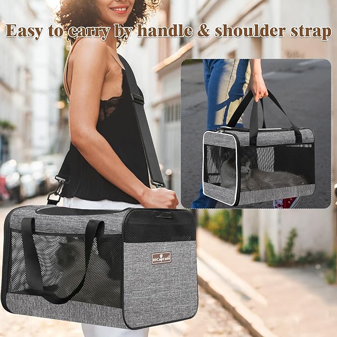 HiCaptain Cat Carrier Bag, Lightweight Soft Cat Carrier with Top Mesh Window, Breathable Pet Carrier for Medium Cats and Small Dogs Puppies up to 15 lb - Grey