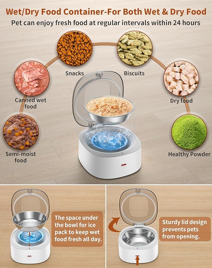 WellToBe Automatic Cat Feeder for Wet Food with Ice Pack and Freshness Dry Food Desiccant for Cats and Small Dogs, Timed Automatic Pet Feeder with Voice Recorder, 1-6 Meals Control, Dual Power Supply