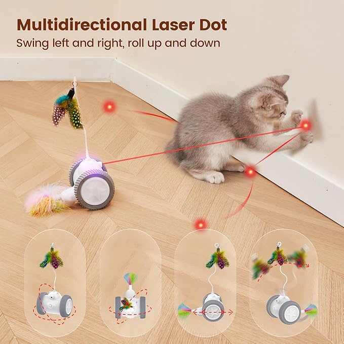Potaroma Cat Laser Toys Interactive 3in1, Rechargeable, Automatic Moving Wheels, 2 Feathers, Indoor Kitten Exercise Kicker Toys, Assorted Colors Feathers for All Breeds