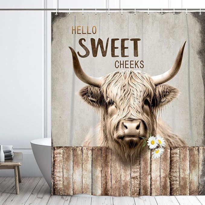 Highland Cattle Cow Bull Shower Curtains,Farmhouse Animal Rustic Country Shower Curtain for Bathroom,Western West Fabric Shower Curtain Set with Hooks Bath Decoration 72X78inches