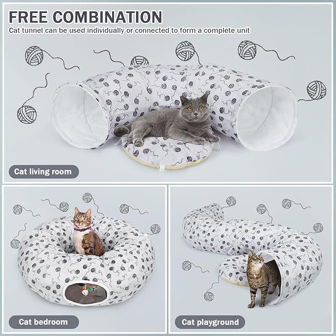 Ownpets Large Cat Tunnel Bed 12 inch Diameter for Large Cats Up to 35 Lbs, Cat Donut Tunnel Bed with Soft Mat, Soft Plush Cat Tube, Peekaboo Cat Cave, Gray
