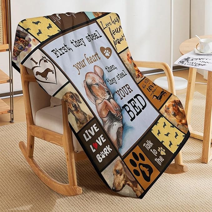Dog Print Blanket Cute Dachshund Throw Blankets for Couch Sofa Bed Stuff Decor Lightweight Soft Cozy Fleece Plush Warm Flannel Bedding Blanket Gifts for Baby Girls Boys Kids Adults 60"x80"