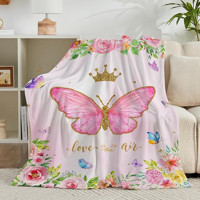 Butterfly Throw Blanket for Girls Teens Women Toddler Watercolor Blanket Soft Fuzzy Flannel Bed Blanket Plush Butterfly Birthday Gifts for Women Girls Mom Kids Teens Adults, 50”x60”