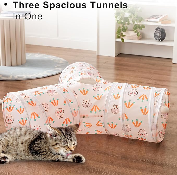 Love's cabin Cat Tunnel Tube Cat Toys 3 Way Collapsible, Cat Tunnels for Indoor Cats，Kitten Tunnel Bored Cat Play Tunnel with Peek Hole Toy Ball for Cat, Kitty, Kitten, Rabbit, Puppy Pink-Rabbit