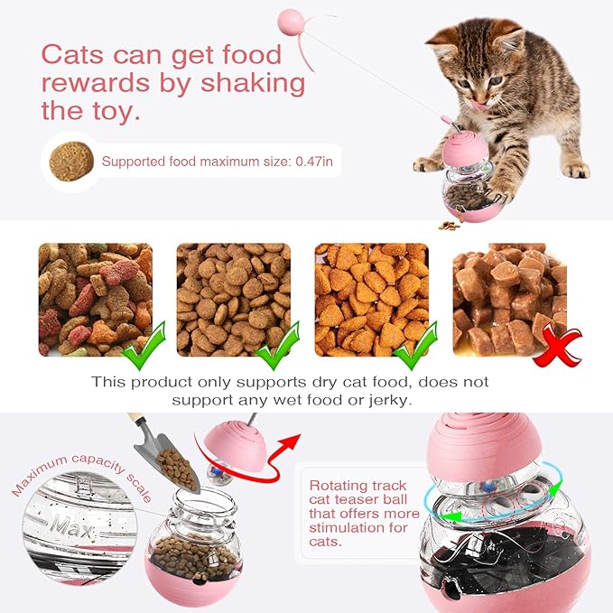 Cat Treat Toy for Indoor Cats,Food Toys Interactive Spinning Funny Cat Food Puzzle Toys with Ball Bulb Cat Self Play Treasure Gourd Cat Toys(Pink)