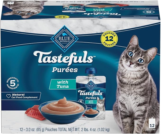 Blue Buffalo Tastefuls Purées with Tuna, Natural Cat Food Complement, Resealable Twist Cap Pouches, 3-oz (12 Count)