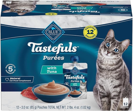 Blue Buffalo Tastefuls Purées with Tuna, Natural Cat Food Complement, Resealable Twist Cap Pouches, 3-oz (12 Count)