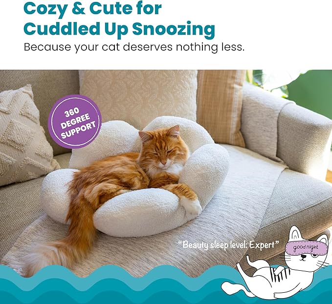 Catstages Purrfect Petals Washable Flower Shaped Round Cat Bed for Indoor Cats, Plush, White