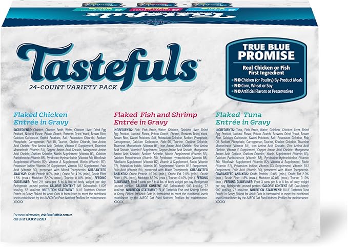 Blue Buffalo Tastefuls Natural Flaked Wet Cat Food Variety Pack, Tuna, Chicken and Fish & Shrimp Entrées in Gravy 3-oz Cans (24 Count)