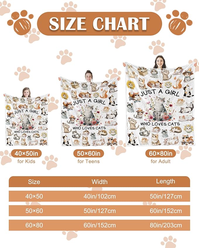 Cat Gifts for Women, Cat Blanket for Women, Just A Girl Who Love Cats, Cartoon Cats Blankets for Girls 60" X 80"