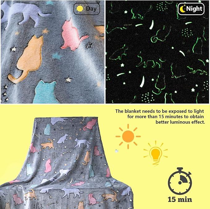 Best Gift Glow in The Dark Cute Cat Throw Blanket with Storage Bag, Soft Throw Blanket for Girls Boys, Birthday, Girls Blanket Kids Blanket,Day Care Home Travel Use,50"x60" Grey