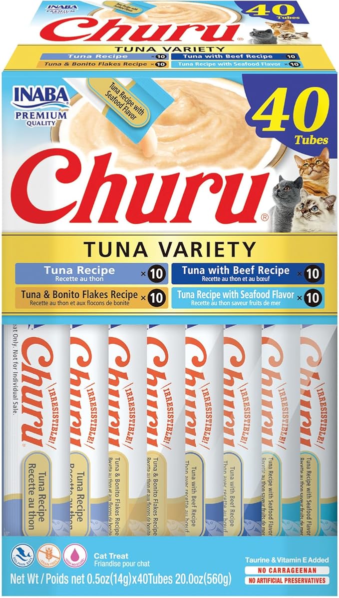 INABA Churu Cat Treats, Grain-Free, Lickable, Squeezable Creamy Purée Cat Treat/Topper with Vitamin E & Taurine, 0.5 Ounces Each Tube, 40 Tubes, Tuna Variety Box