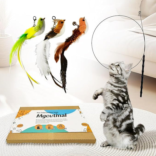 Cat Toy Wand Interactive Toys for Indoor Cat, Wire Version, Natural Bird Feather Ball Toys, 4-in-1 Refill Pet Dancing Playing Toy, cat Lures，for Indoor Cats (4 in 1, Forest Birds)