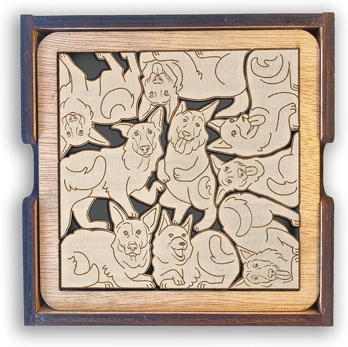 02 German Shepherd Dog Coaster - German Shepherd Dog Puzzle Wooden Coaster Set - Interlocking Jigsaw Drink Mats with Laser-Cut Design for German Shepherd Lover