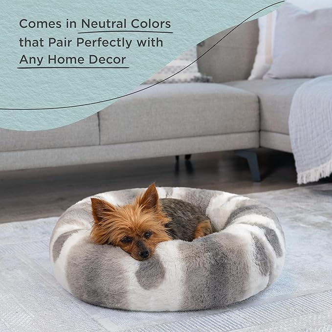 Best Friends by Sheri Patterned Lux Faux Fur Calming Donut Dog Bed, Gray, Extra Small, 18" x 18"