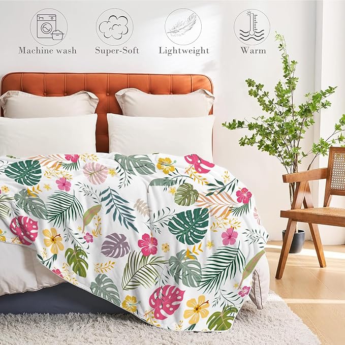Tropical Palm Leaves Throw Blanket Floral Flower Flannel Fleece Throw Blankets Botanical Plant Cozy Fuzzy Plush Throw Blanket Nature Soft Throw Blankets for Sofa Bed 50" X 60"