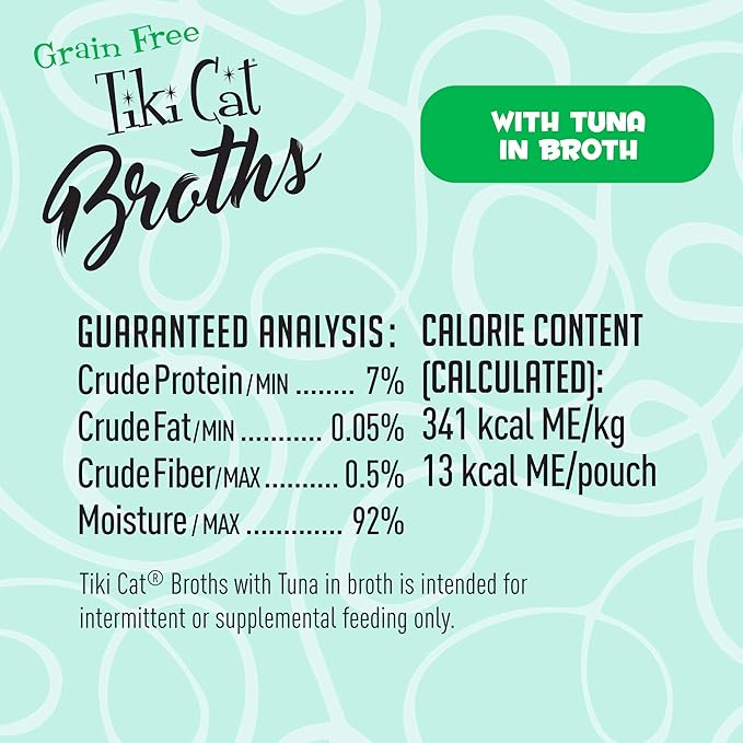 Tiki Cat Born Carnivore Broths, Tuna Recipe, Hydration and Flavor Supplement Cat Food Topper, 1.3 oz. Pouch (Pack of 12)